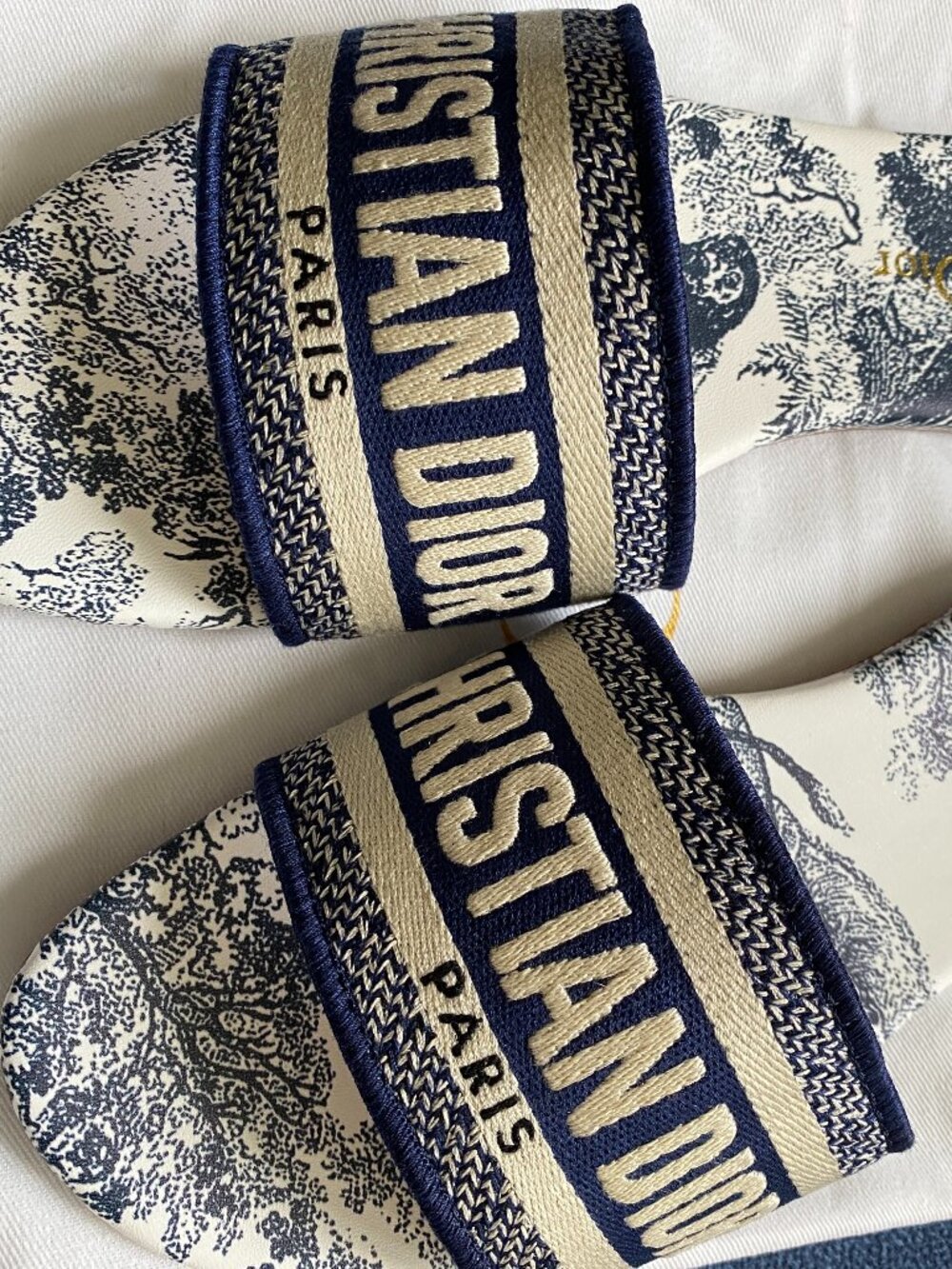 Dior Dway Blue Embroidered Cotton Logo Slides - Picture 2 of 5